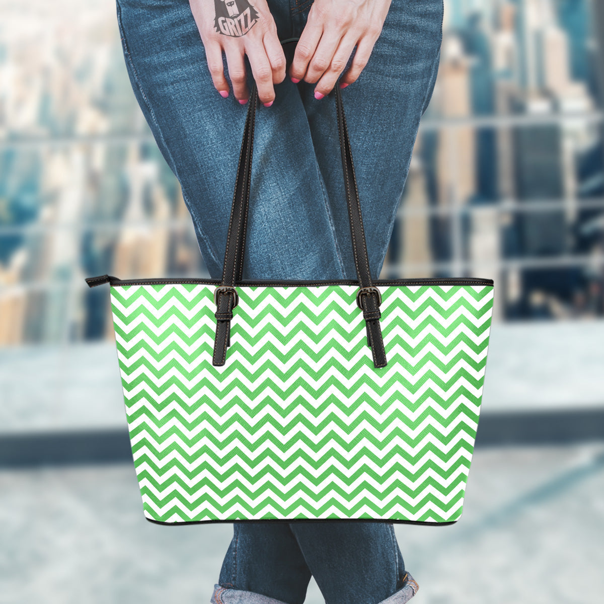 Green Zigzag Print Pattern Leather Tote Bag-grizzshop