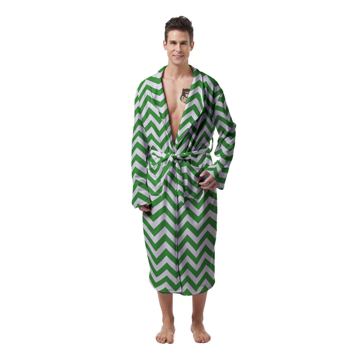 Green Zigzag Print Pattern Men's Robe-grizzshop