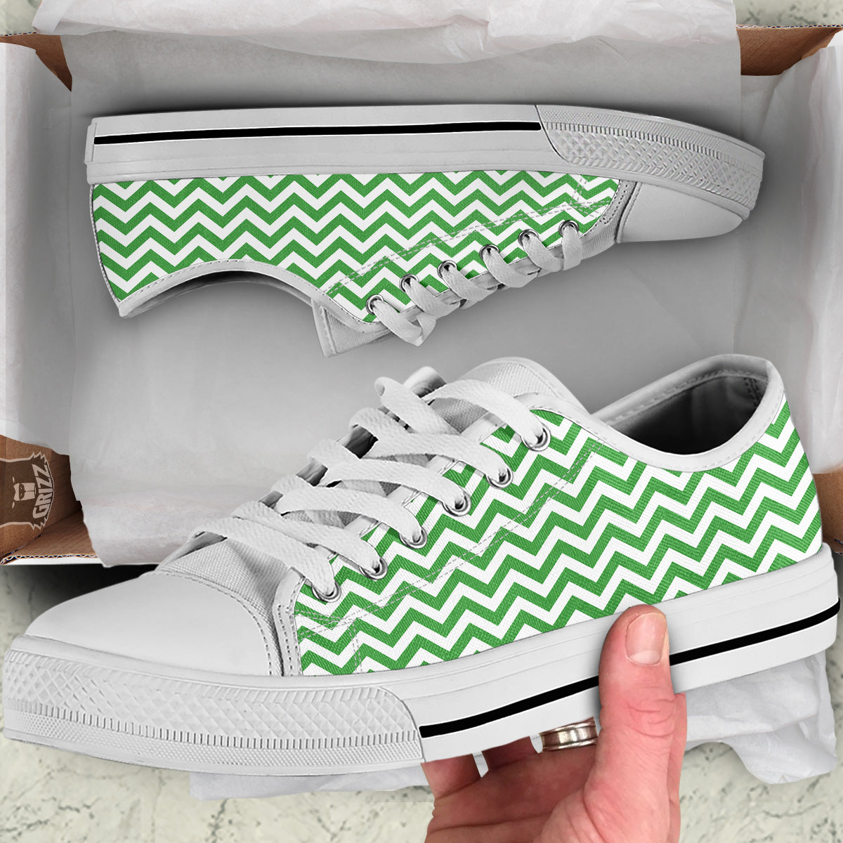 Green Zigzag Print Pattern White Low Top Shoes-grizzshop