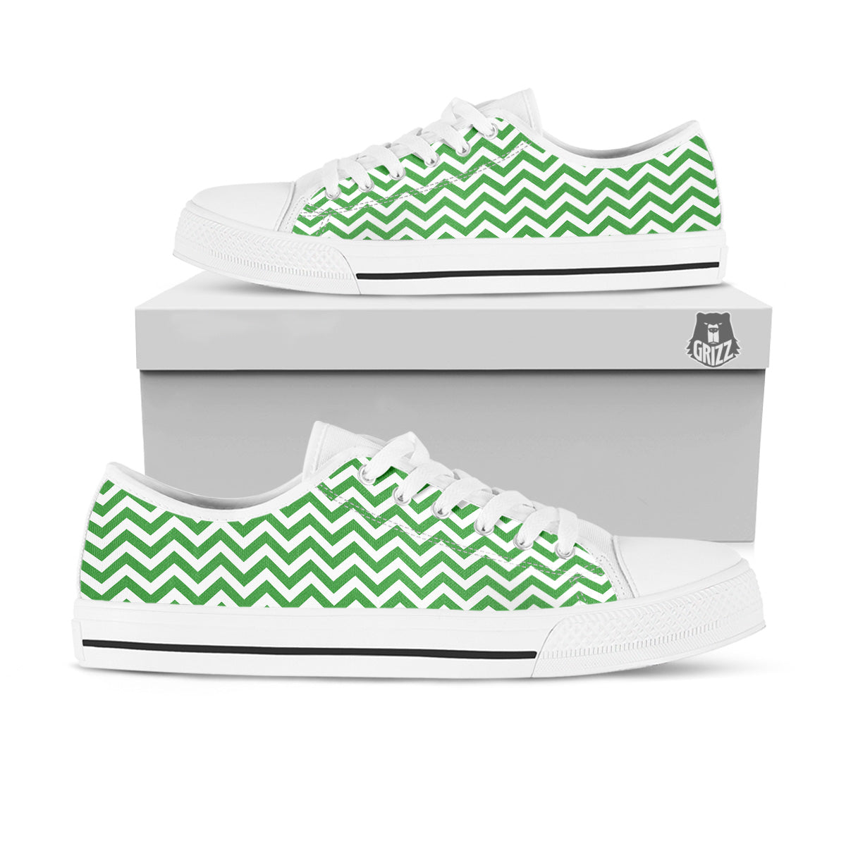 Green Zigzag Print Pattern White Low Top Shoes-grizzshop
