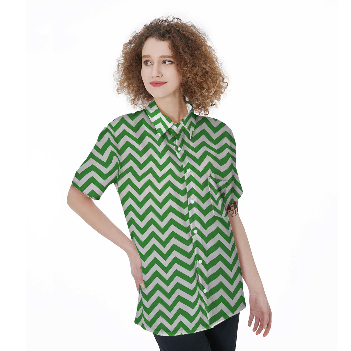 Green Zigzag Print Pattern Women's Short Sleeve Shirts-grizzshop