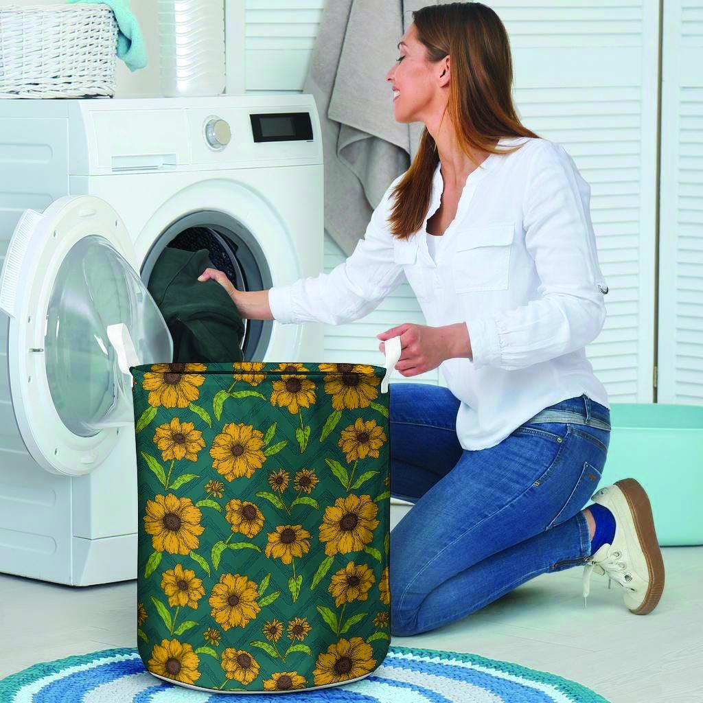 Green Zigzag Sunflower Laundry Basket-grizzshop