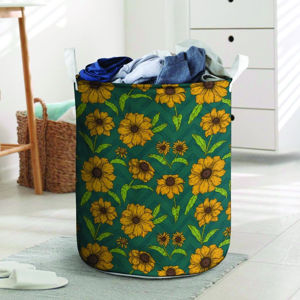 Green Zigzag Sunflower Laundry Basket-grizzshop