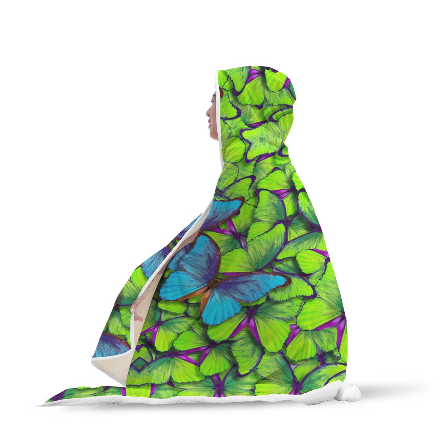 Green Blue Butterfly Pattern Print Hooded Blanket-grizzshop