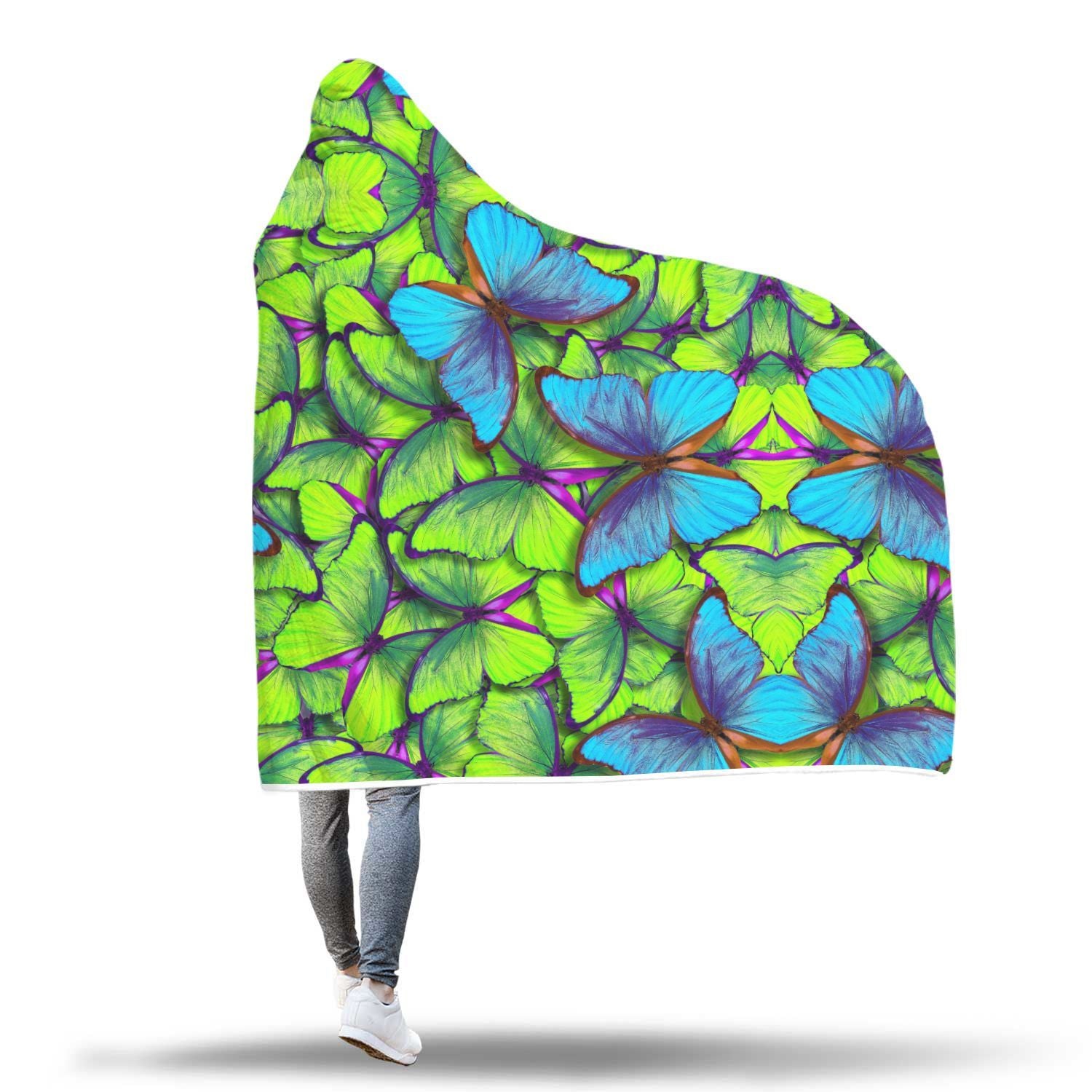 Green Blue Butterfly Pattern Print Hooded Blanket-grizzshop