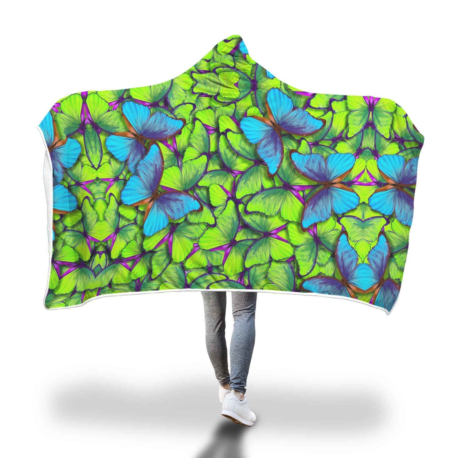 Green Blue Butterfly Pattern Print Hooded Blanket-grizzshop