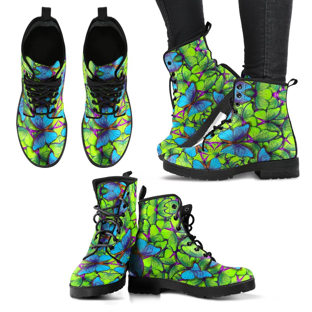 Green Blue Butterfly Pattern Print Men Women Leather Boots-grizzshop