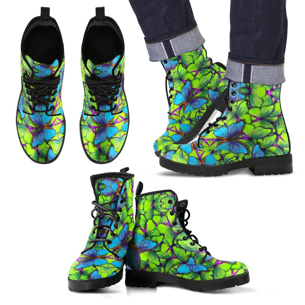 Green Blue Butterfly Pattern Print Men Women Leather Boots-grizzshop