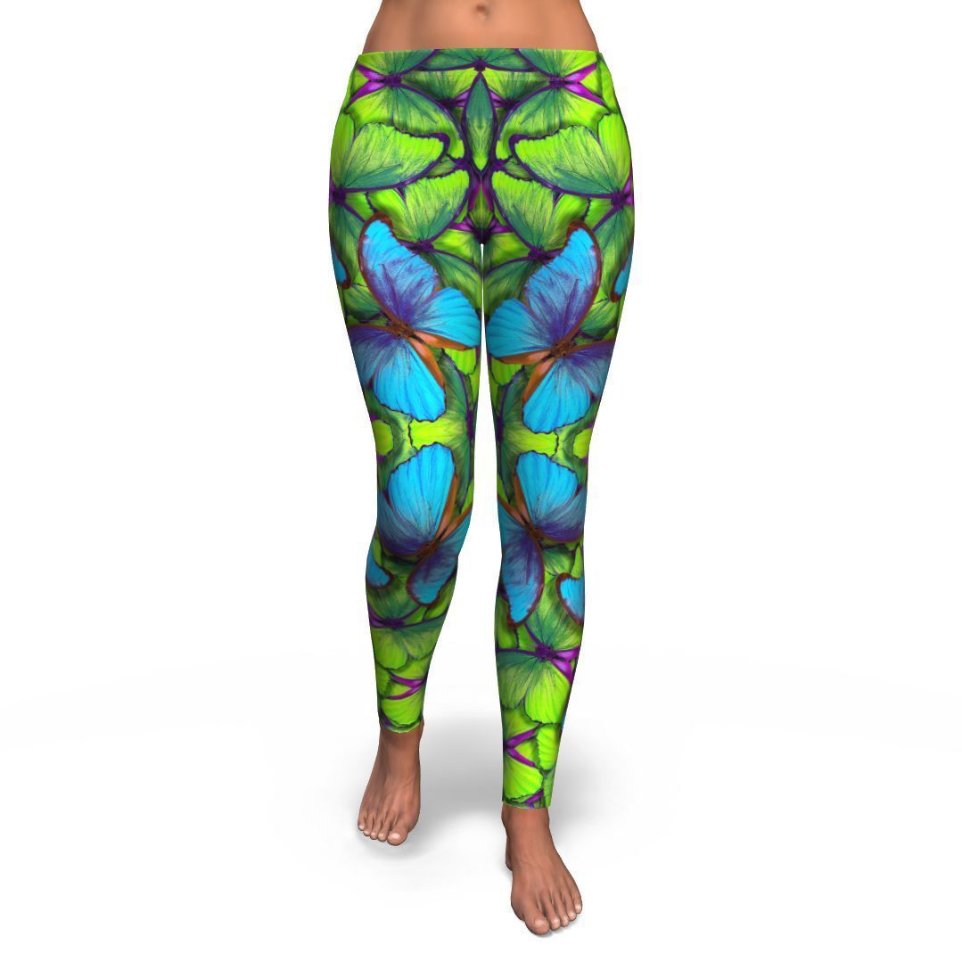 Green Blue Butterfly Pattern Print Pattern Women Leggings-grizzshop
