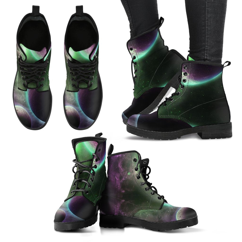 Green Galaxy Space Moon Earth Print Men Women Leather Boots-grizzshop