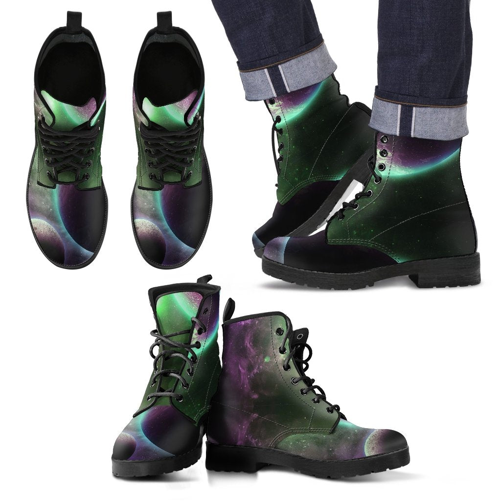Green Galaxy Space Moon Earth Print Men Women Leather Boots-grizzshop