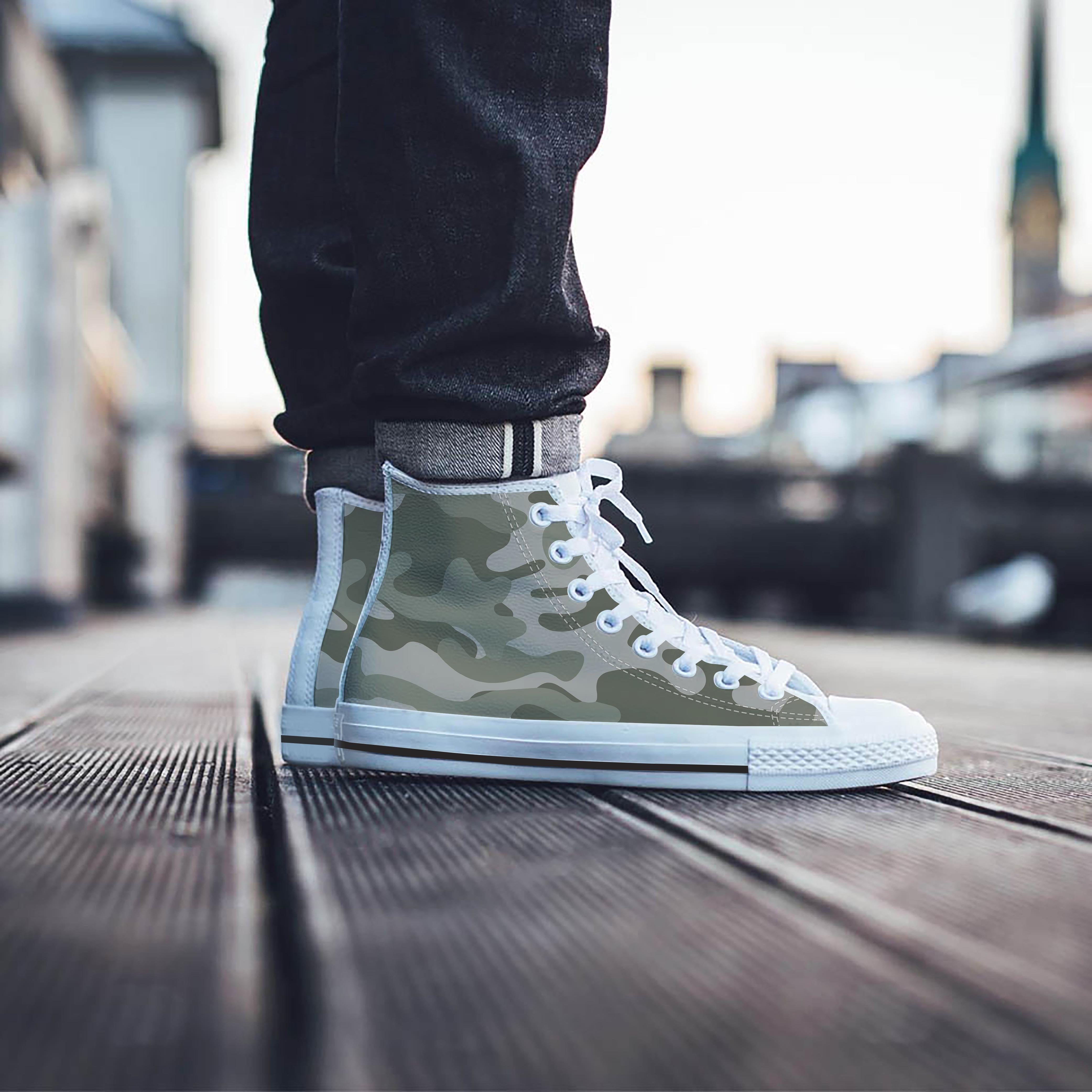 Grey And Green Camouflage Print Men's High Top Shoes-grizzshop