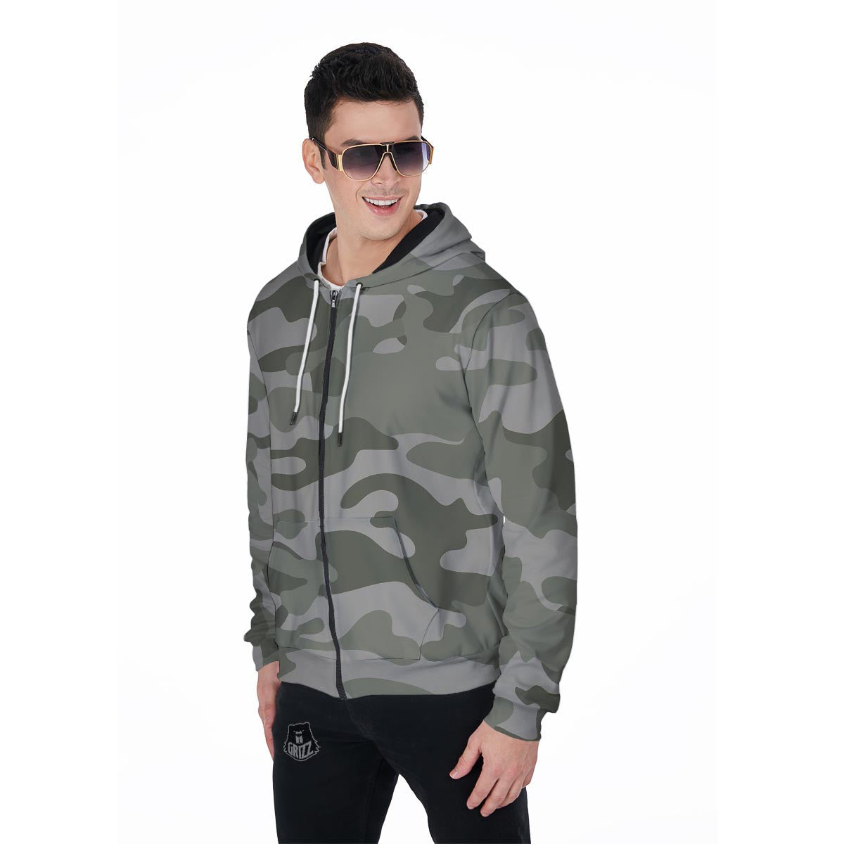 Grey And Green Camouflage Print Men's Zip Up Hoodie-grizzshop