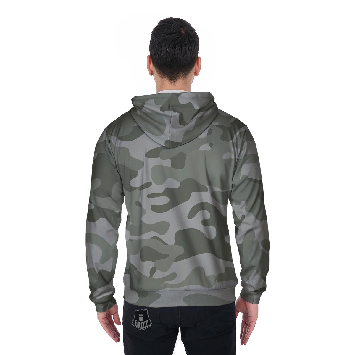 Grey And Green Camouflage Print Men's Zip Up Hoodie-grizzshop