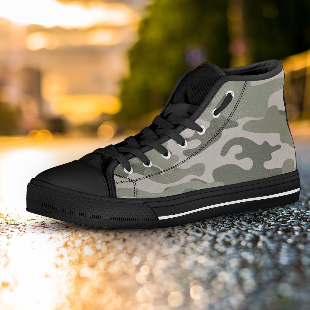Grey And Green Camouflage Print Women's High Top Shoes-grizzshop