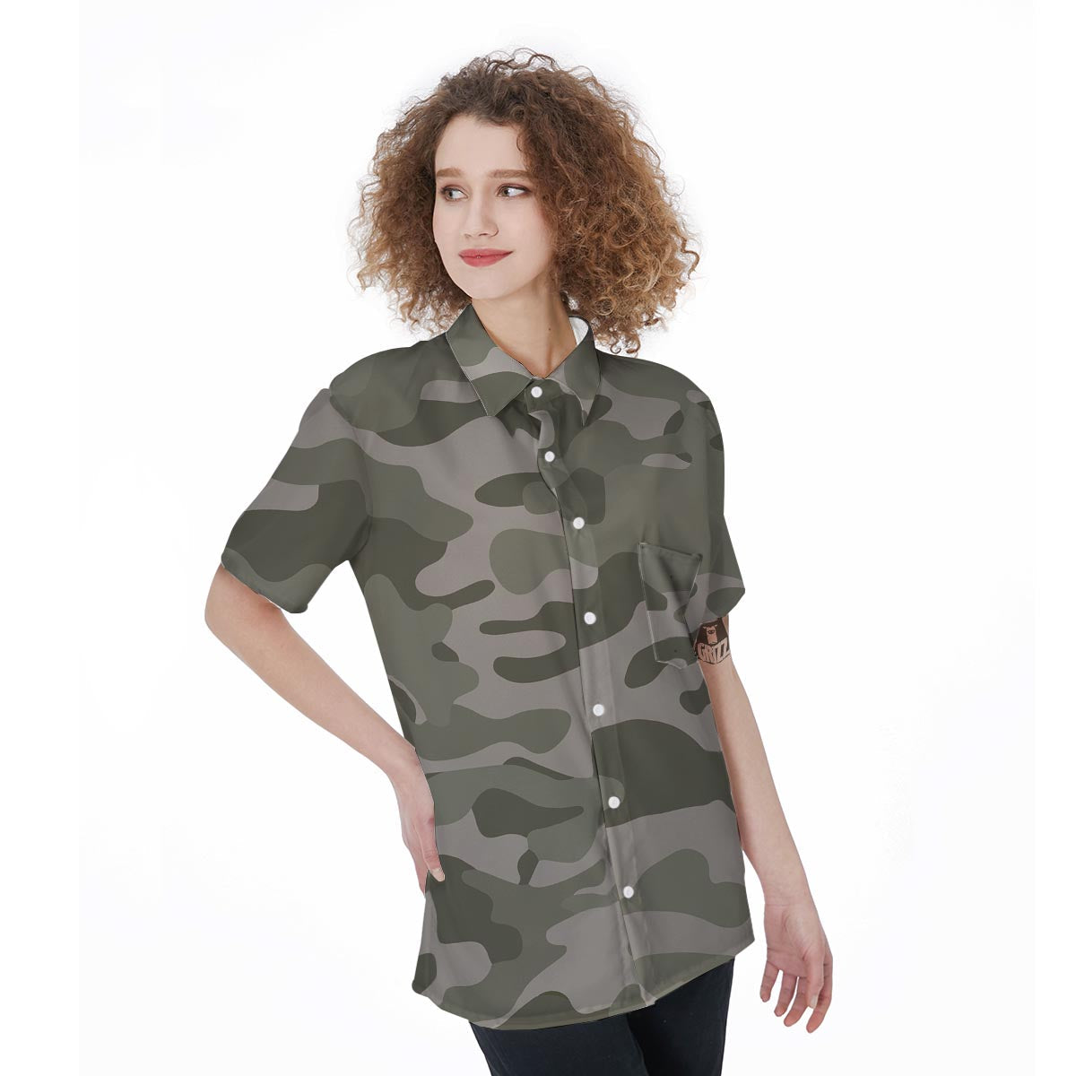 Grey And Green Camouflage Print Women's Short Sleeve Shirts-grizzshop