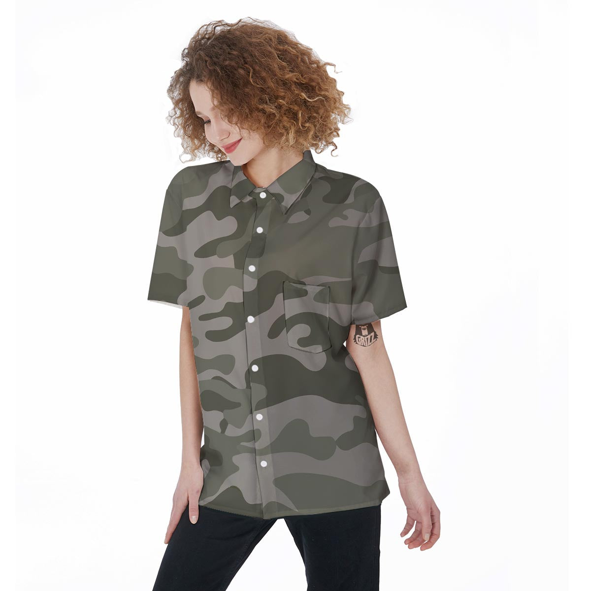 Grey And Green Camouflage Print Women's Short Sleeve Shirts-grizzshop
