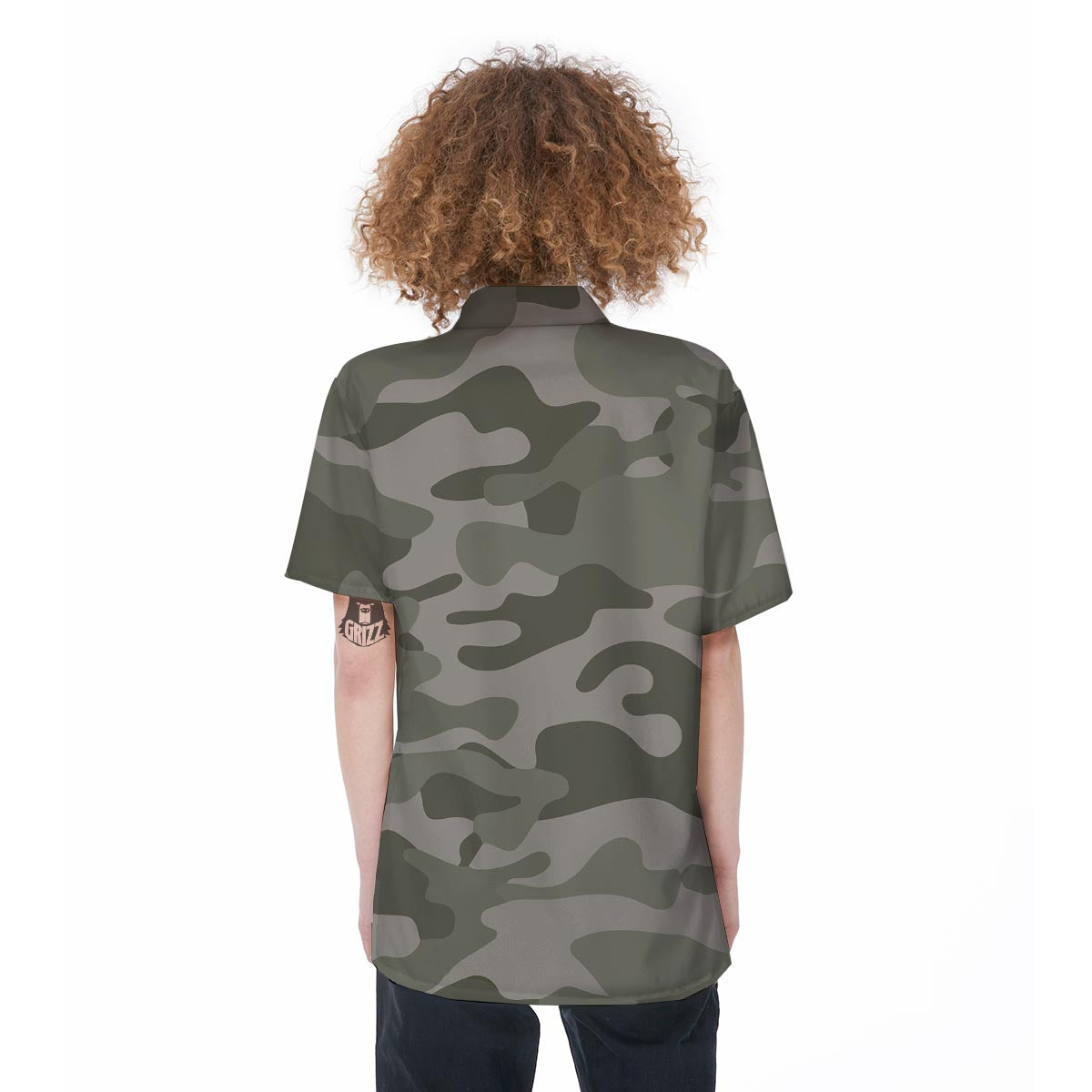 Grey And Green Camouflage Print Women's Short Sleeve Shirts-grizzshop