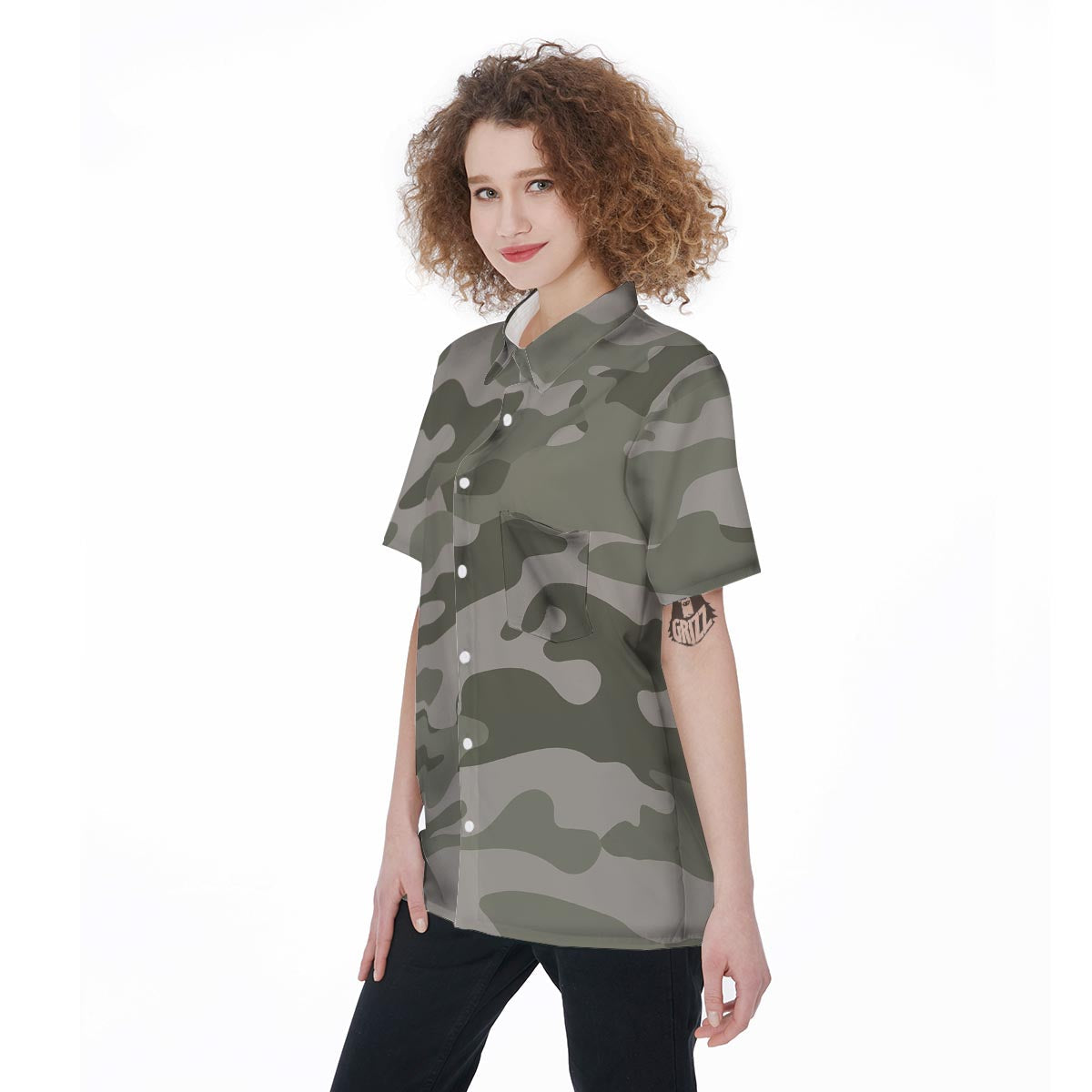 Grey And Green Camouflage Print Women's Short Sleeve Shirts-grizzshop