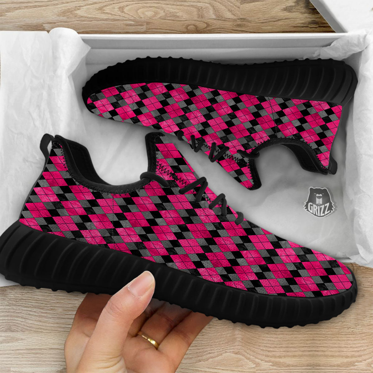 Grey Black And Purple Argyle Print Black Walking Shoes-grizzshop