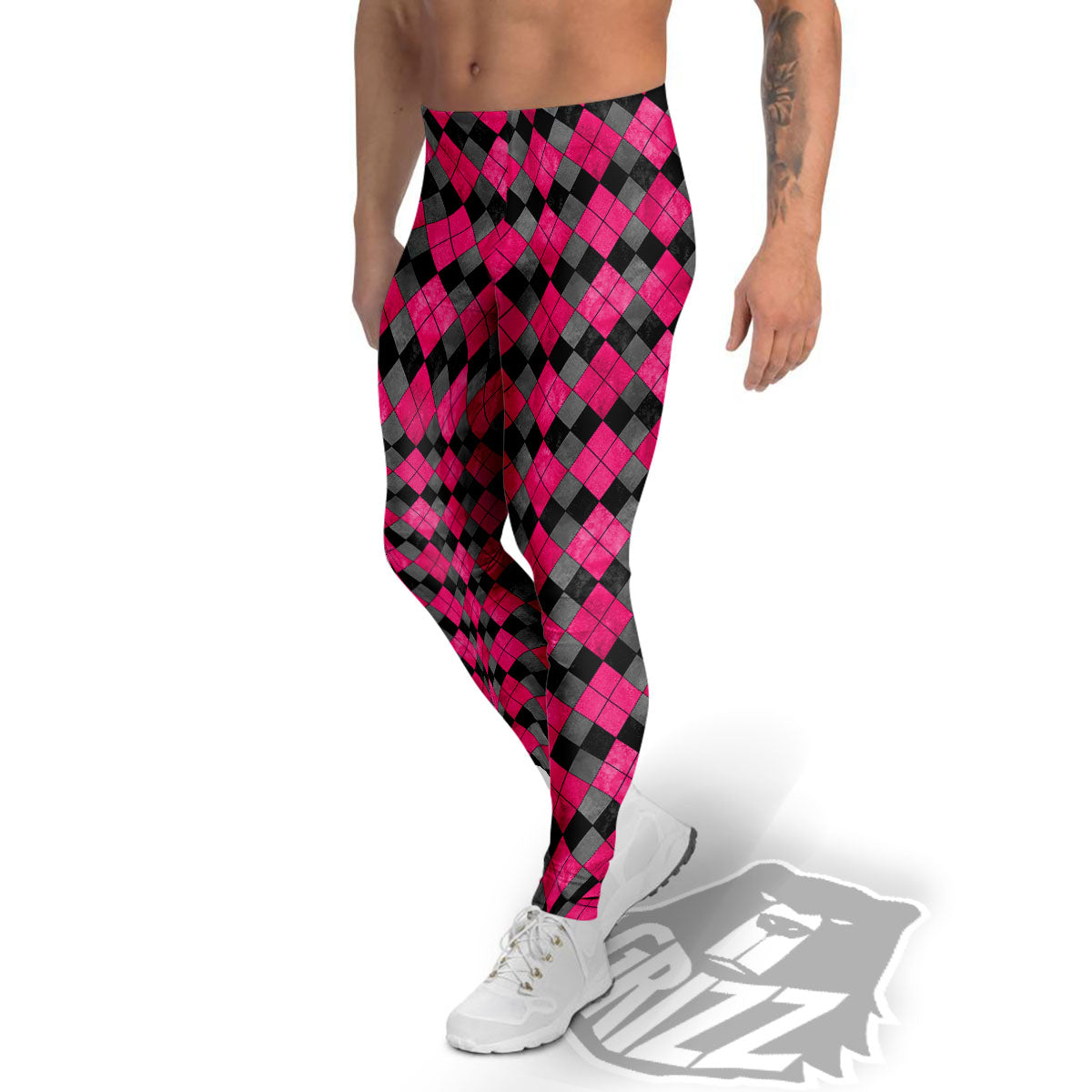 Grey Black And Purple Argyle Print Men's Leggings-grizzshop