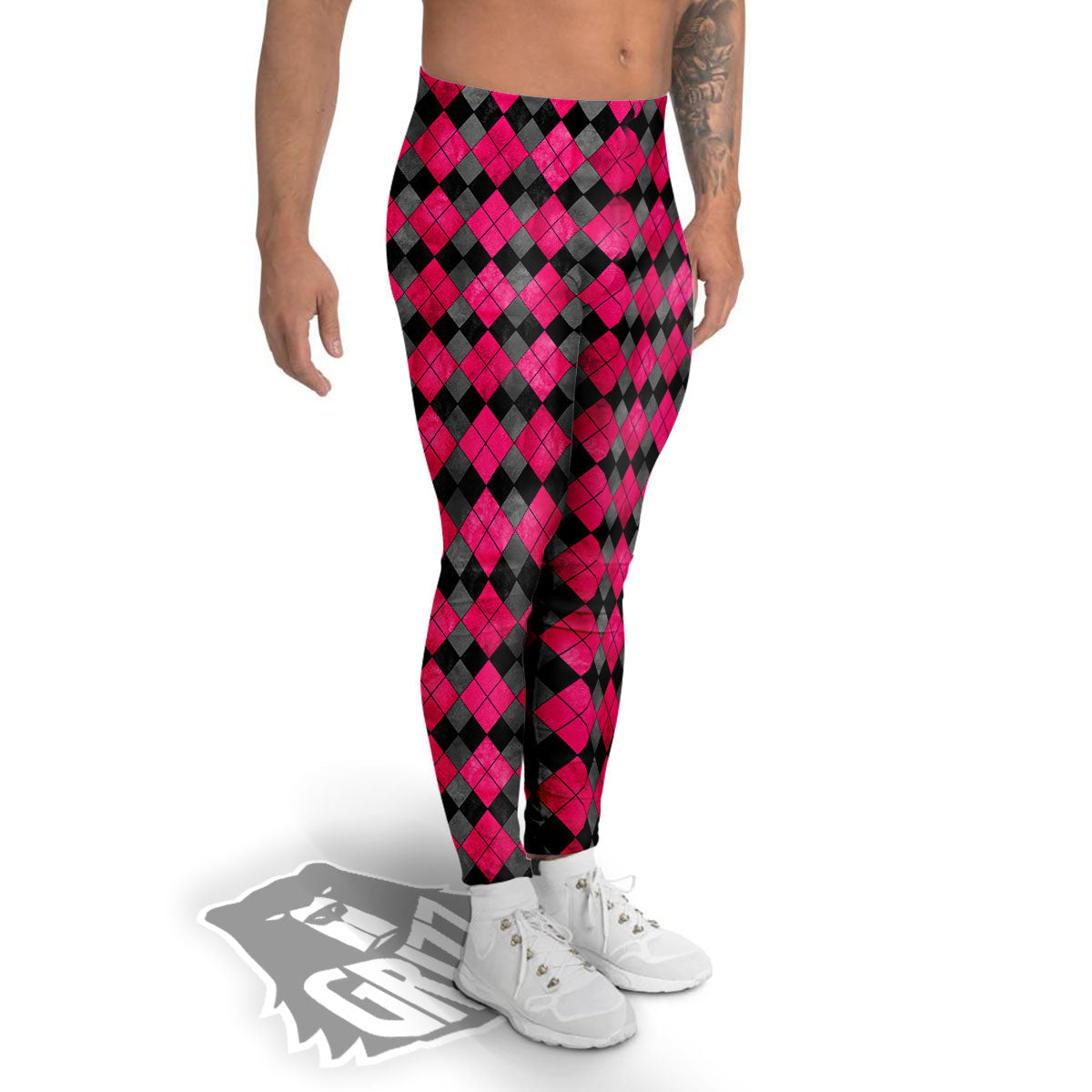 Grey Black And Purple Argyle Print Men's Leggings-grizzshop