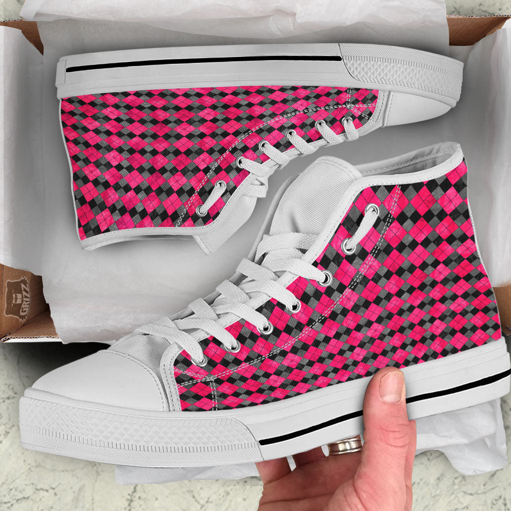 Grey Black And Purple Argyle Print White High Top Shoes-grizzshop