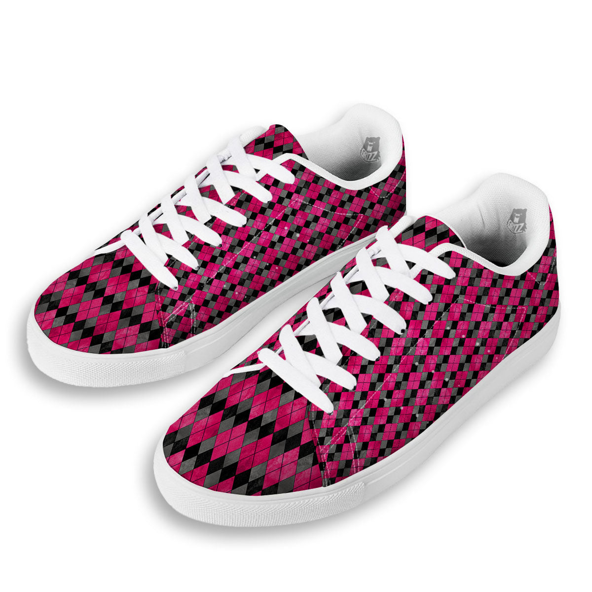 Grey Black And Purple Argyle Print White Low Top Sneakers-grizzshop