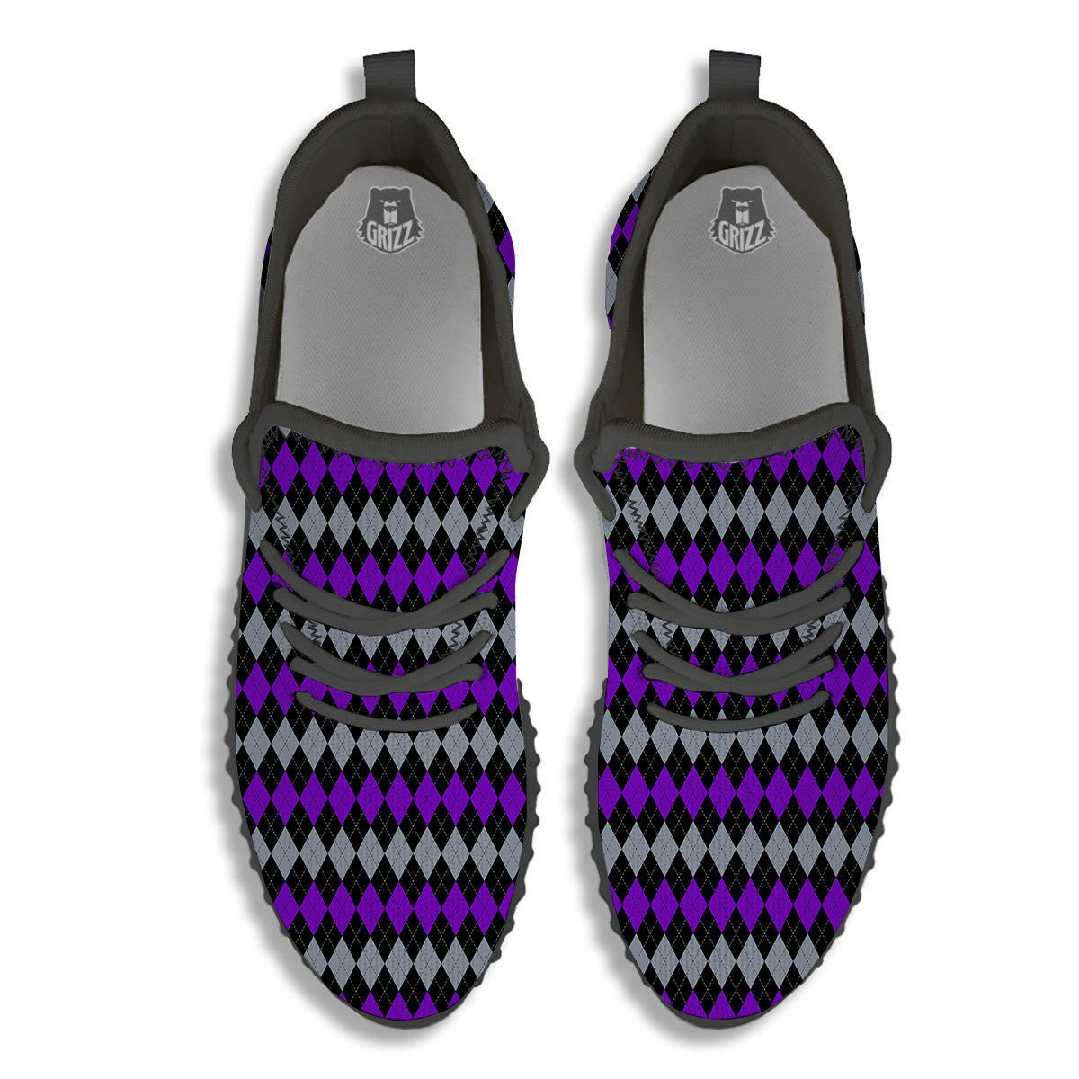 Grey Black And Violet Argyle Print Black Walking Shoes-grizzshop