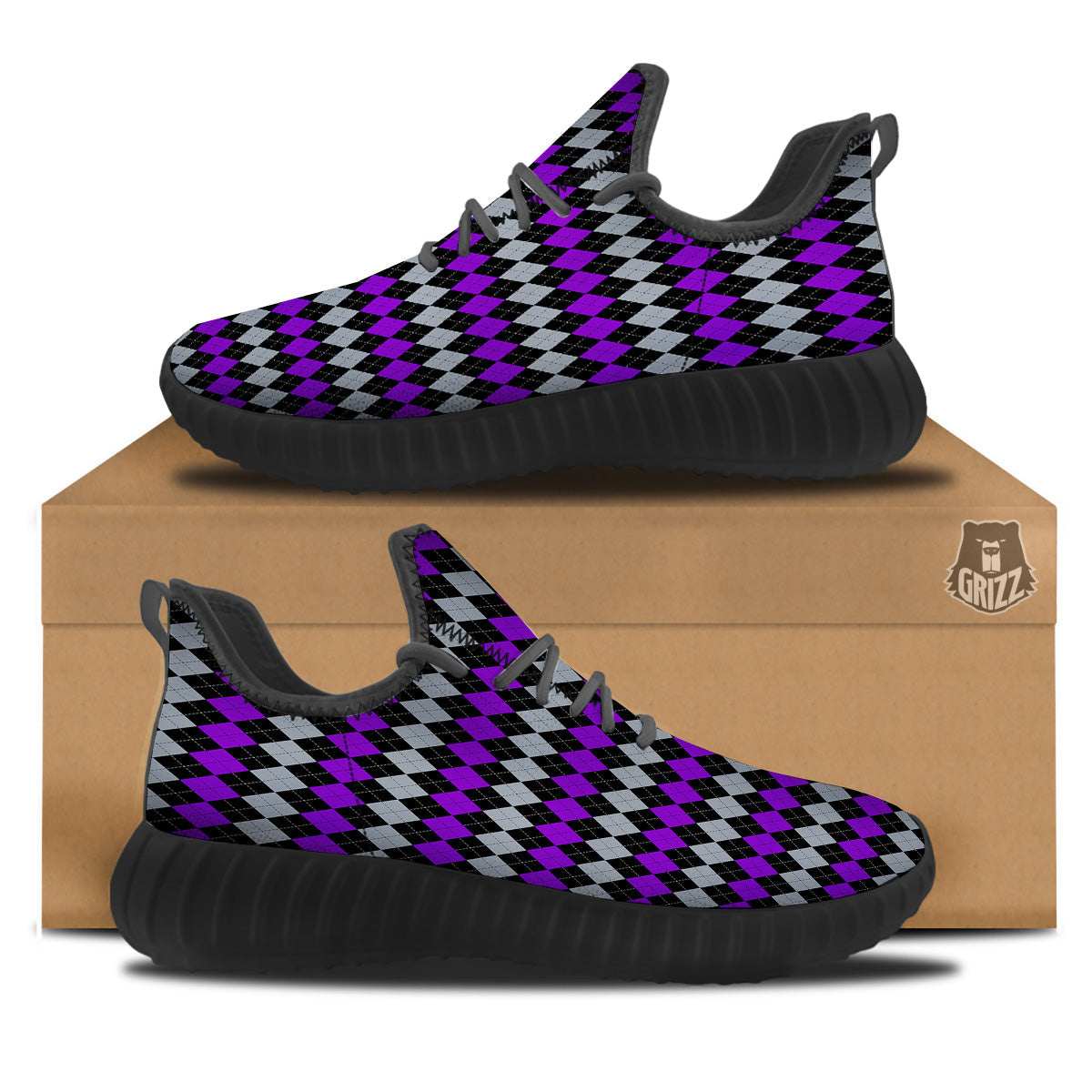 Grey Black And Violet Argyle Print Black Walking Shoes-grizzshop