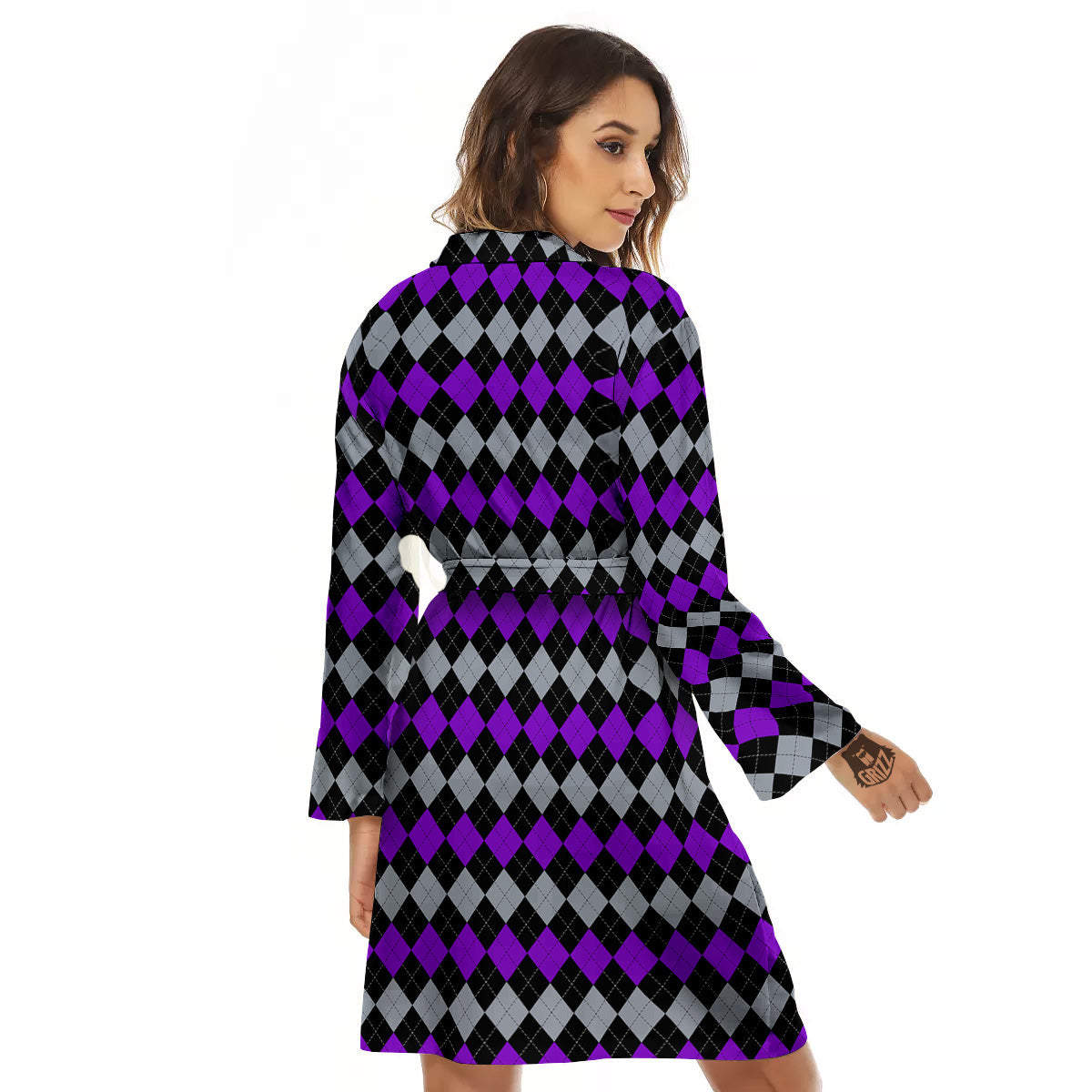 Grey Black And Violet Argyle Print Women's Robe-grizzshop