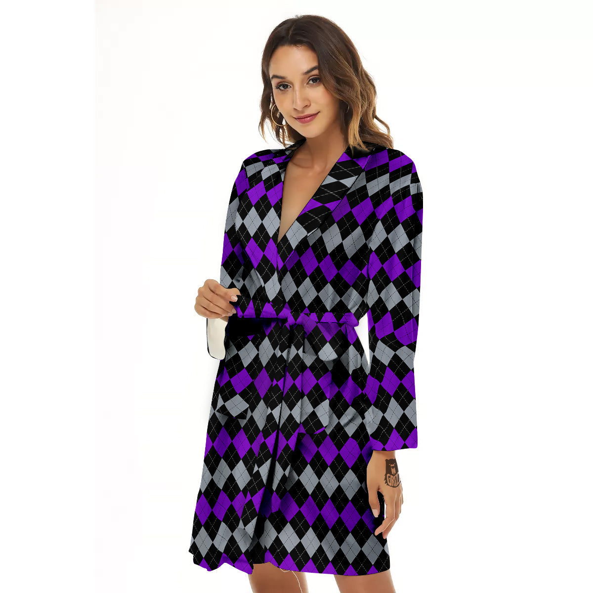 Grey Black And Violet Argyle Print Women's Robe-grizzshop