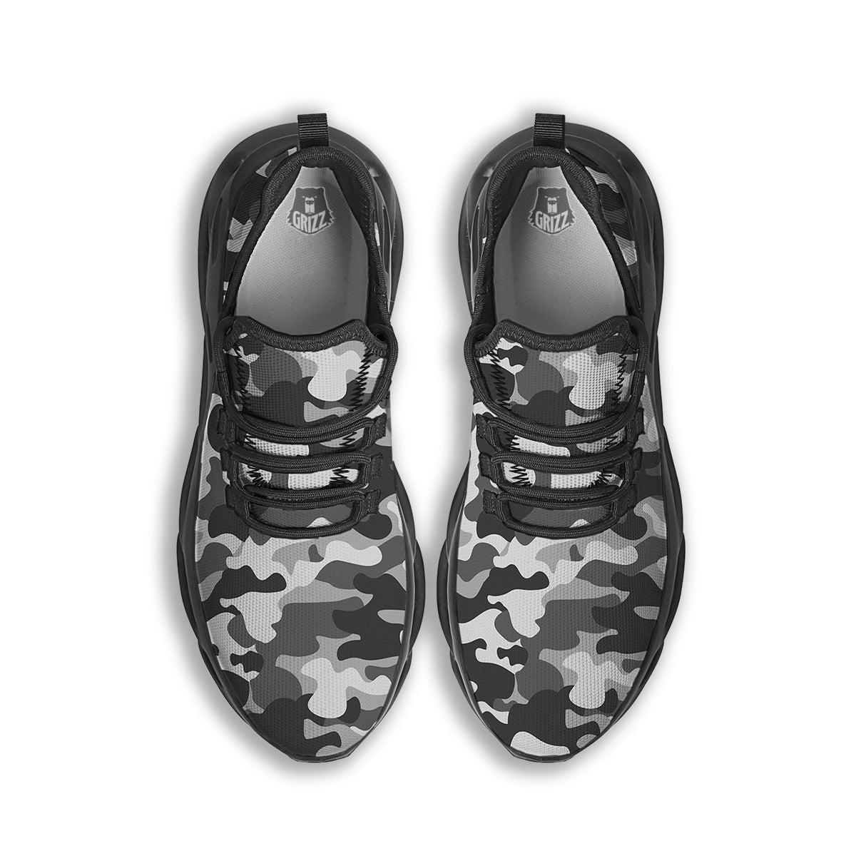 Grey Camo And Camouflage Print Black Running Shoes-grizzshop