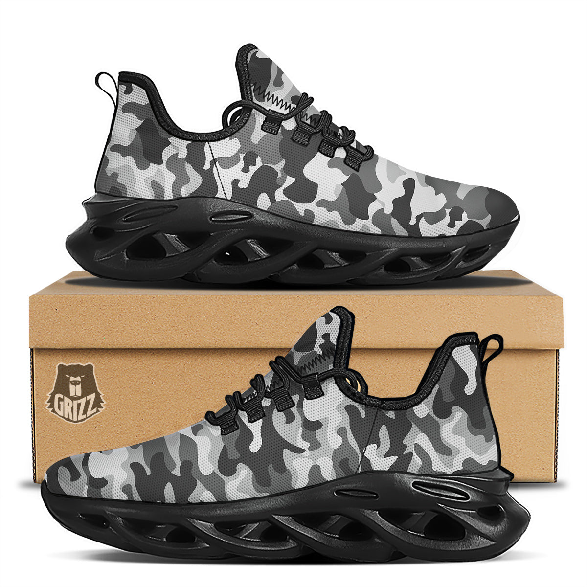 Grey Camo And Camouflage Print Black Running Shoes-grizzshop