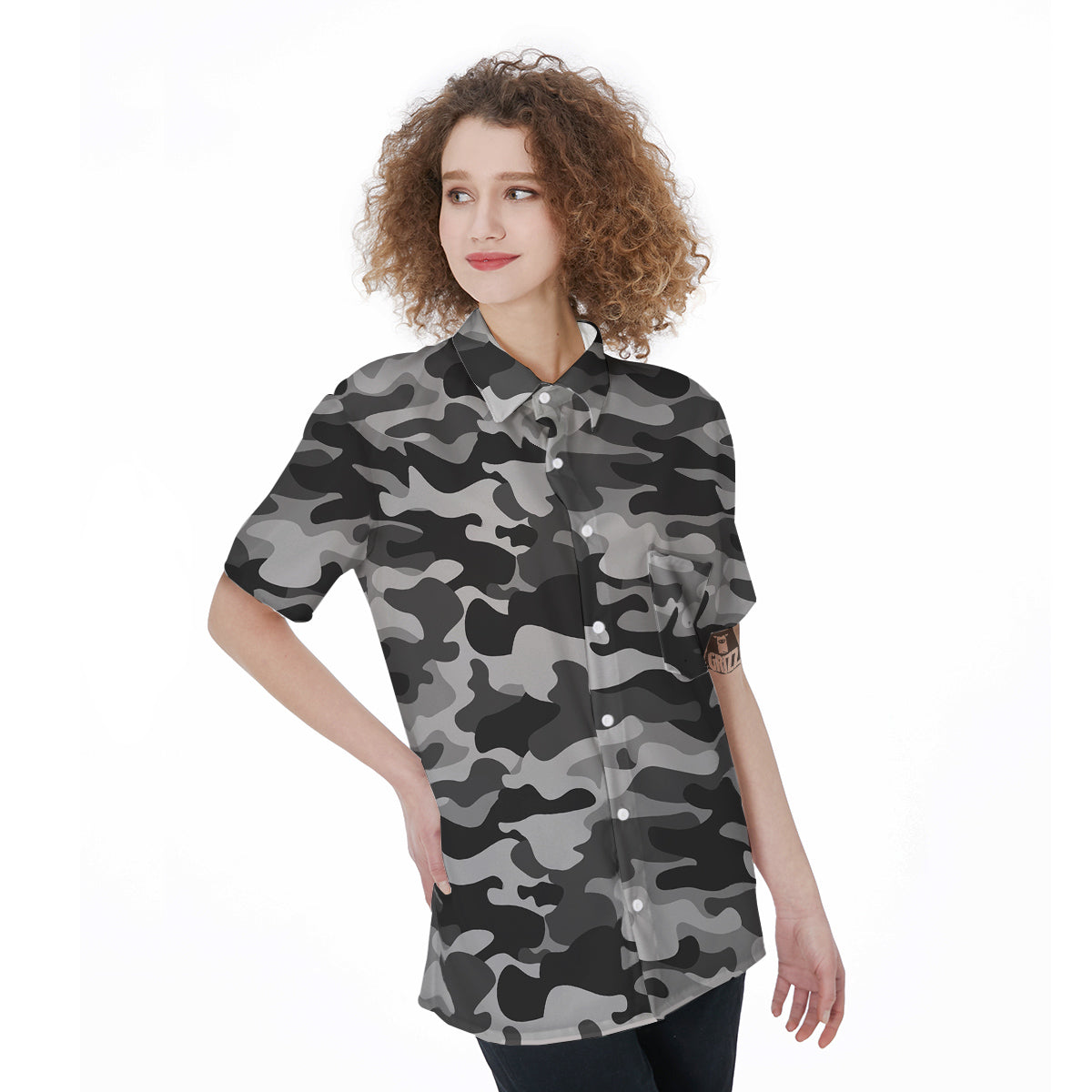 Grey Camo And Camouflage Print Women's Short Sleeve Shirts-grizzshop
