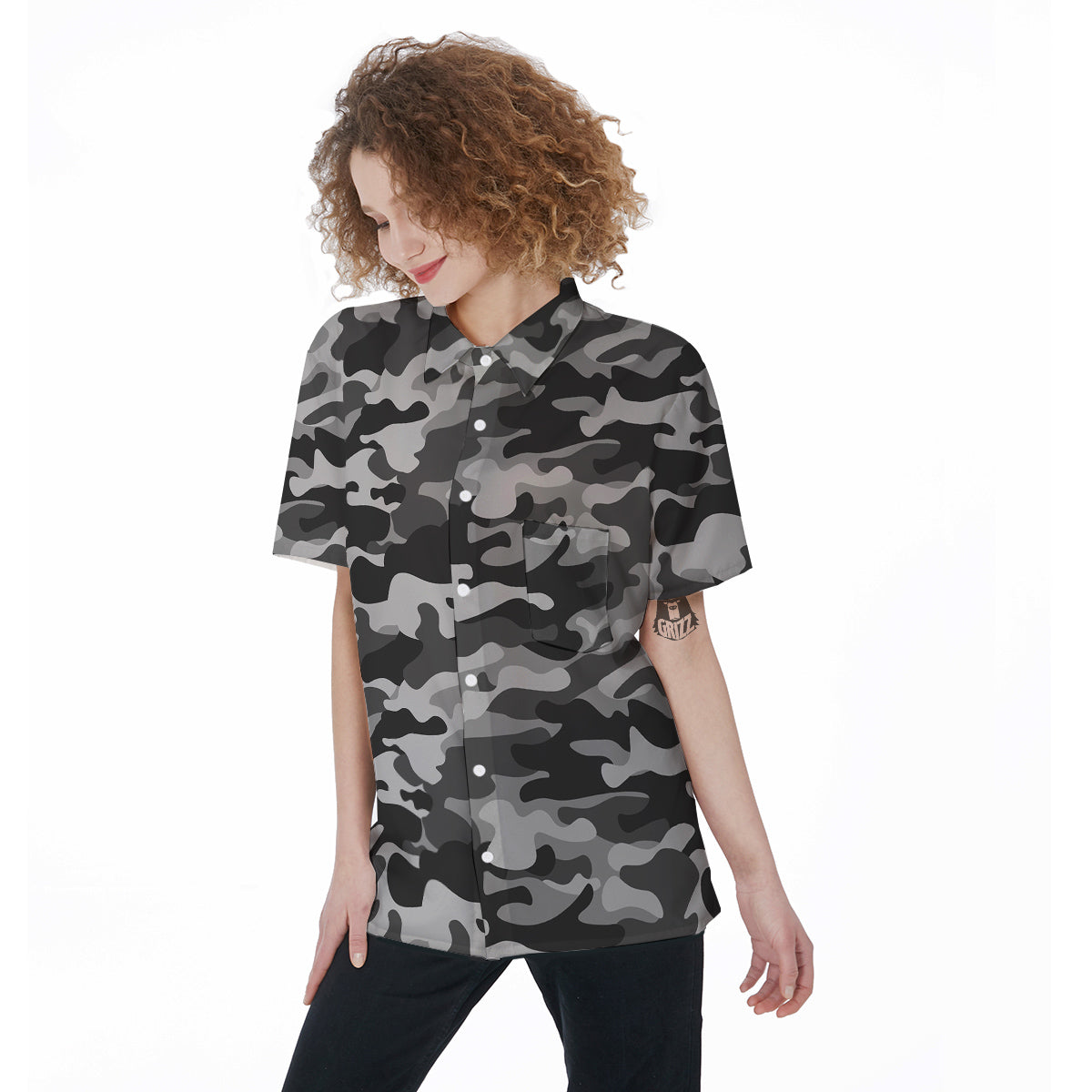Grey Camo And Camouflage Print Women's Short Sleeve Shirts-grizzshop