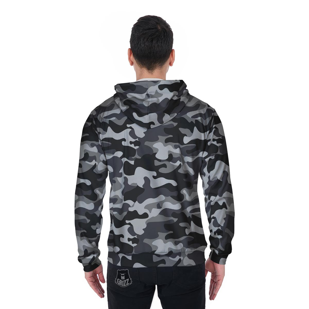 Grey Camouflage Print Men's Zip Up Hoodie-grizzshop