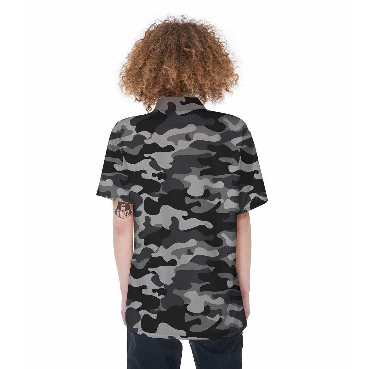 Grey Camouflage Print Women's Short Sleeve Shirts-grizzshop