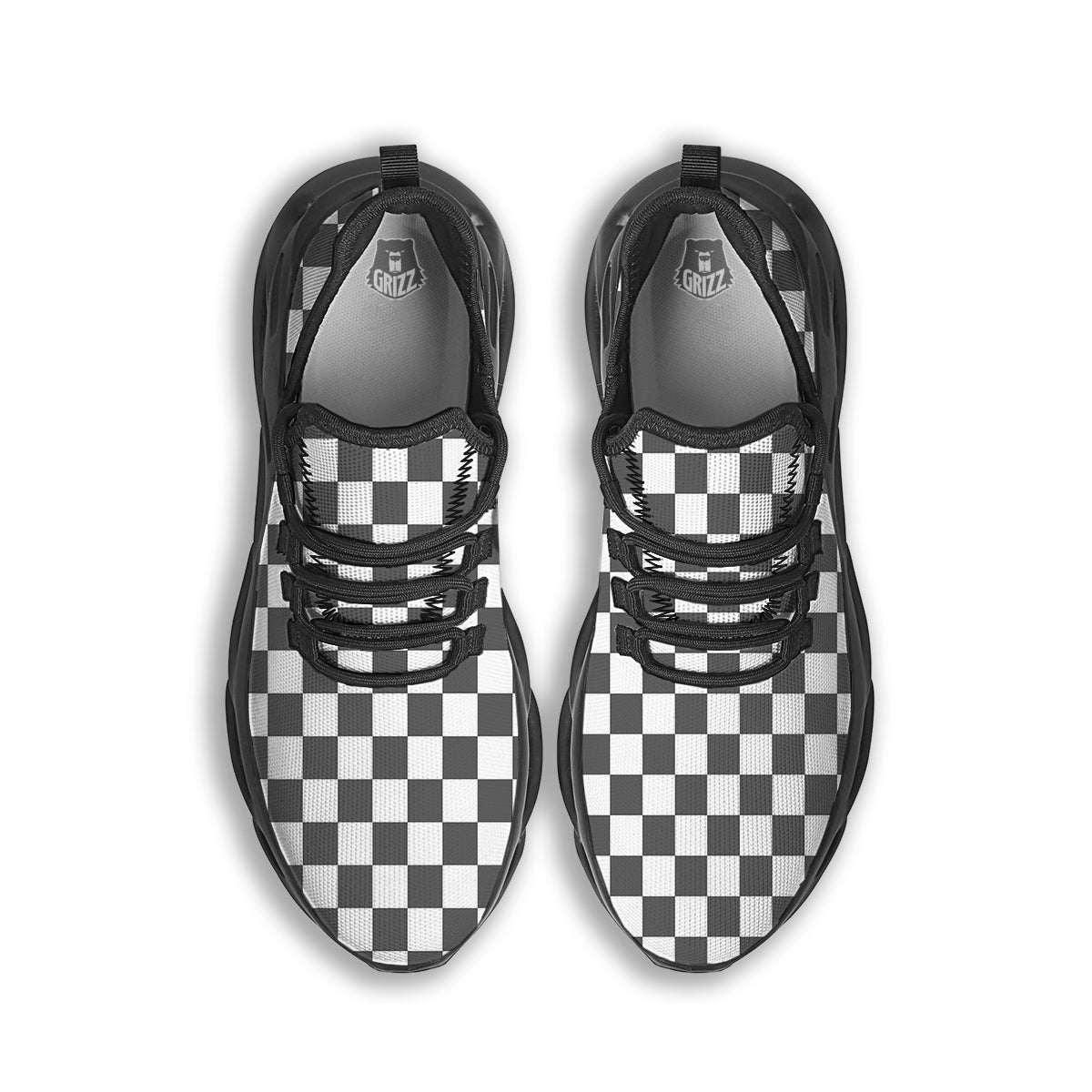 Grey Checkered Flag Print Black Running Shoes-grizzshop