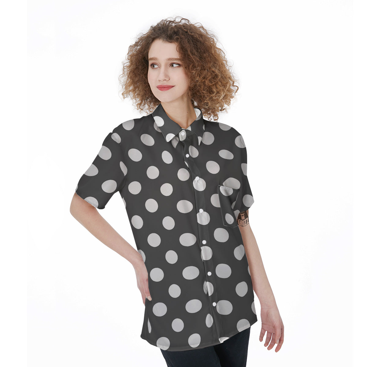 Grey Color Polka Dot Print Pattern Women's Short Sleeve Shirts-grizzshop