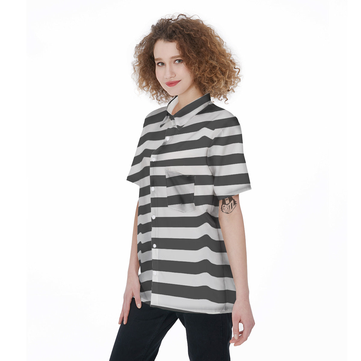 Grey Color Striped Print Women's Short Sleeve Shirts-grizzshop