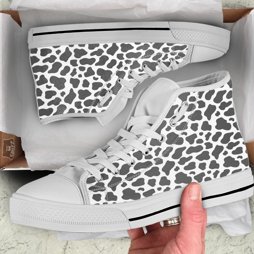 Grey Cow Print Pattern White High Top Shoes-grizzshop
