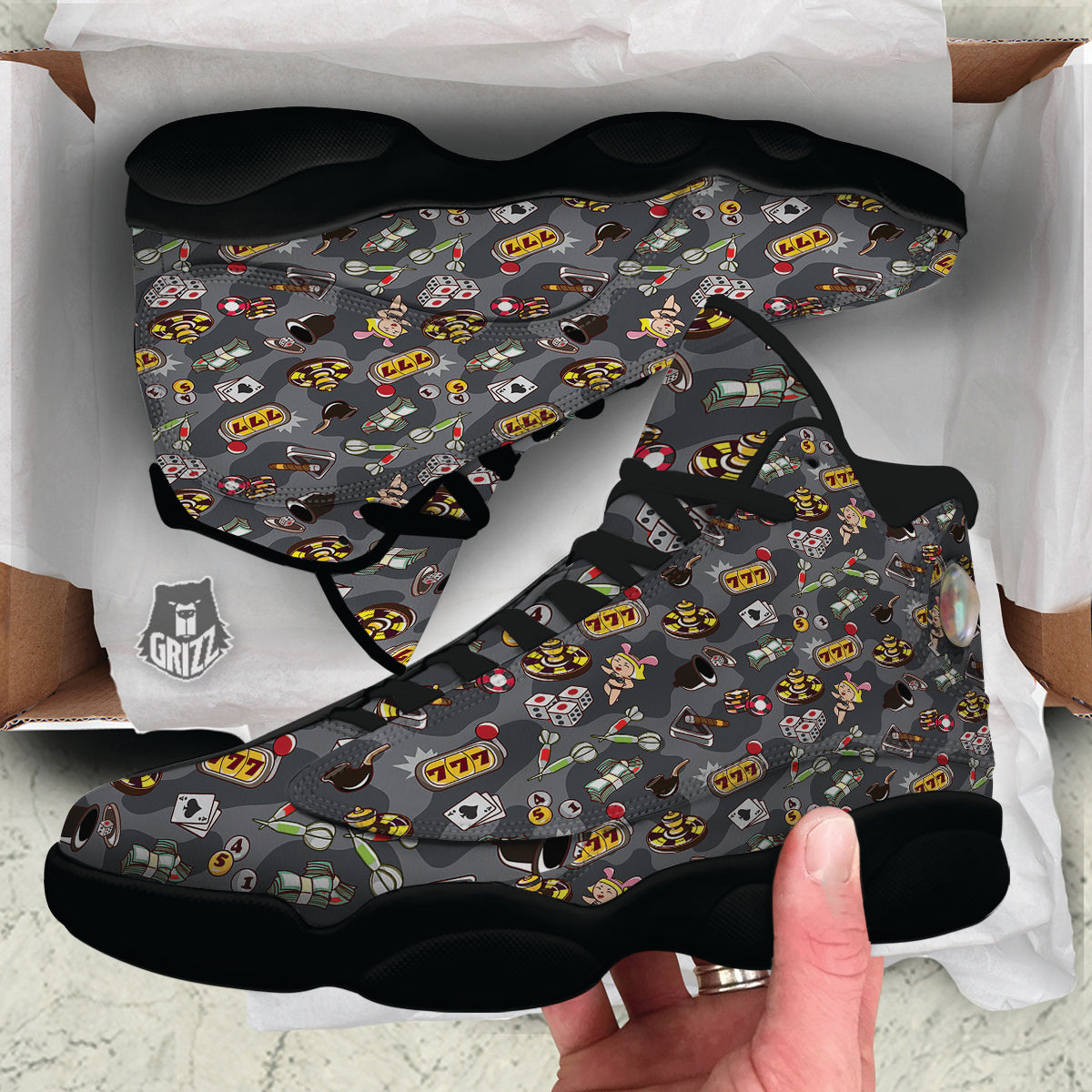 Grey Cute Casino Print Pattern Black Basketball Shoes-grizzshop