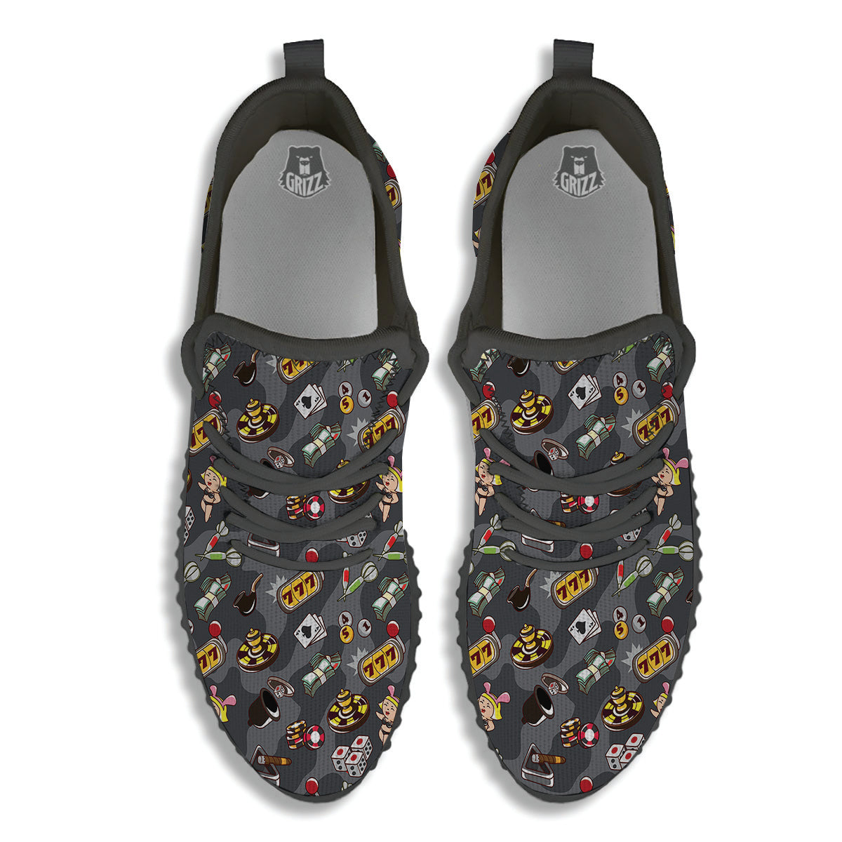 Grey Cute Casino Print Pattern Black Walking Shoes-grizzshop