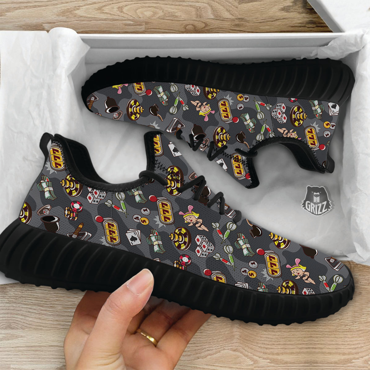 Grey Cute Casino Print Pattern Black Walking Shoes-grizzshop