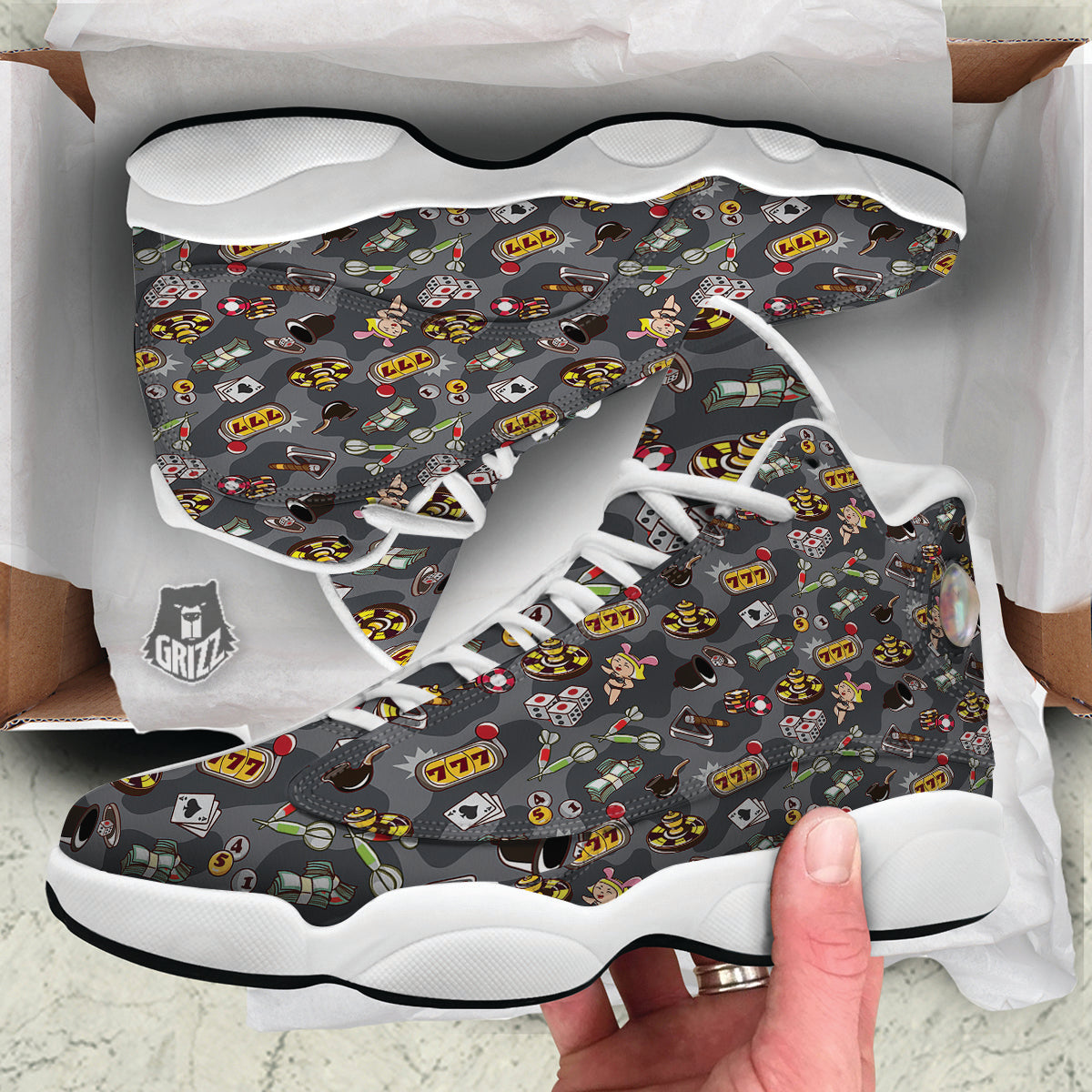 Grey Cute Casino Print Pattern White Basketball Shoes-grizzshop