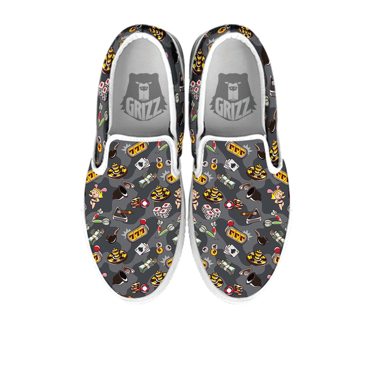 Grey Cute Casino Print Pattern White Slip On Shoes-grizzshop
