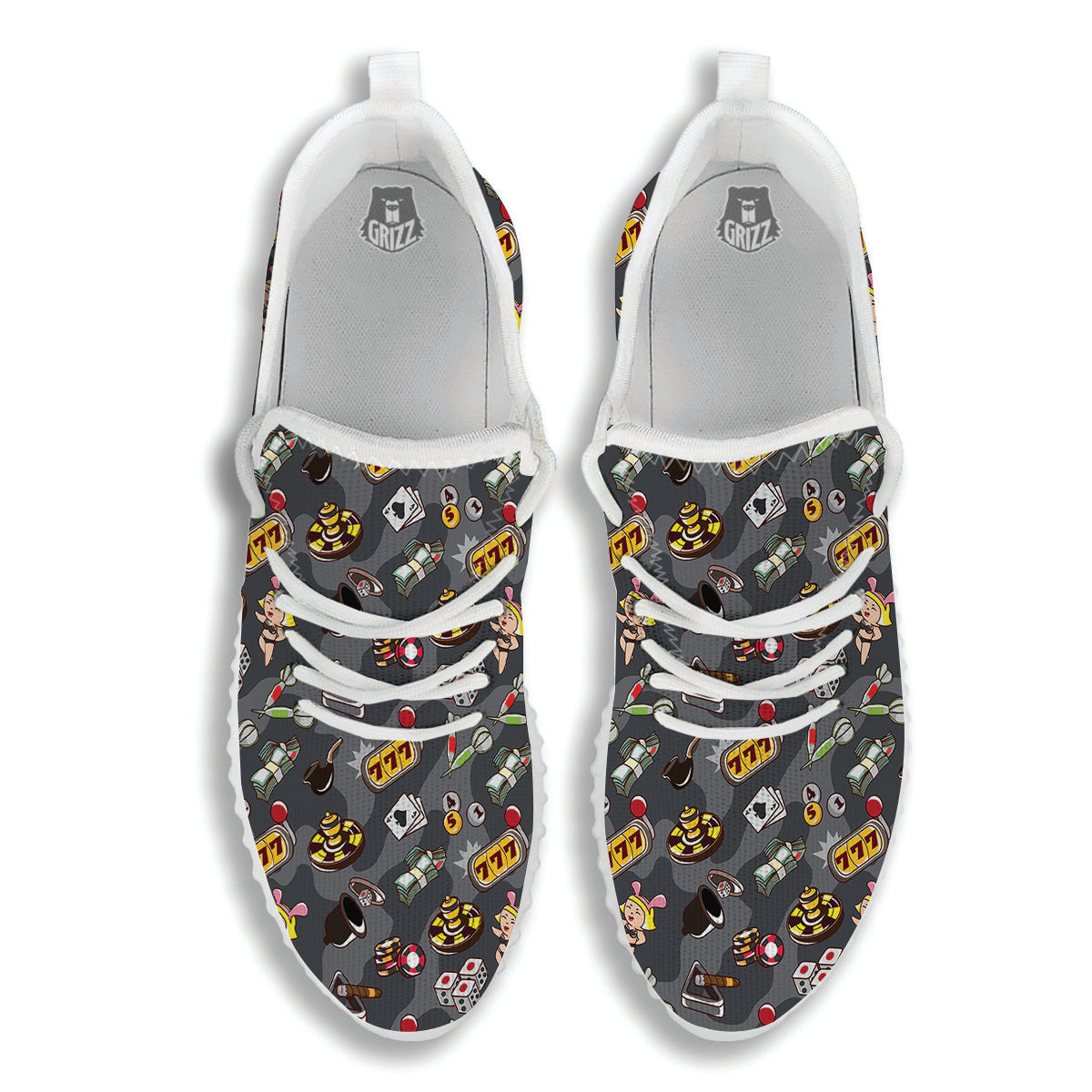 Grey Cute Casino Print Pattern White Walking Shoes-grizzshop