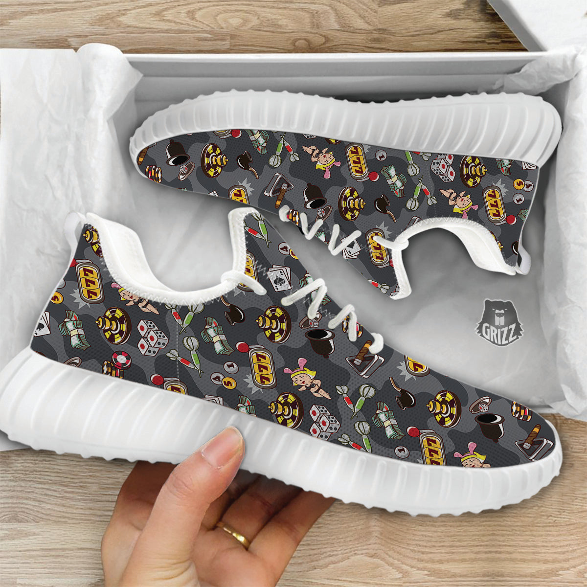 Grey Cute Casino Print Pattern White Walking Shoes-grizzshop
