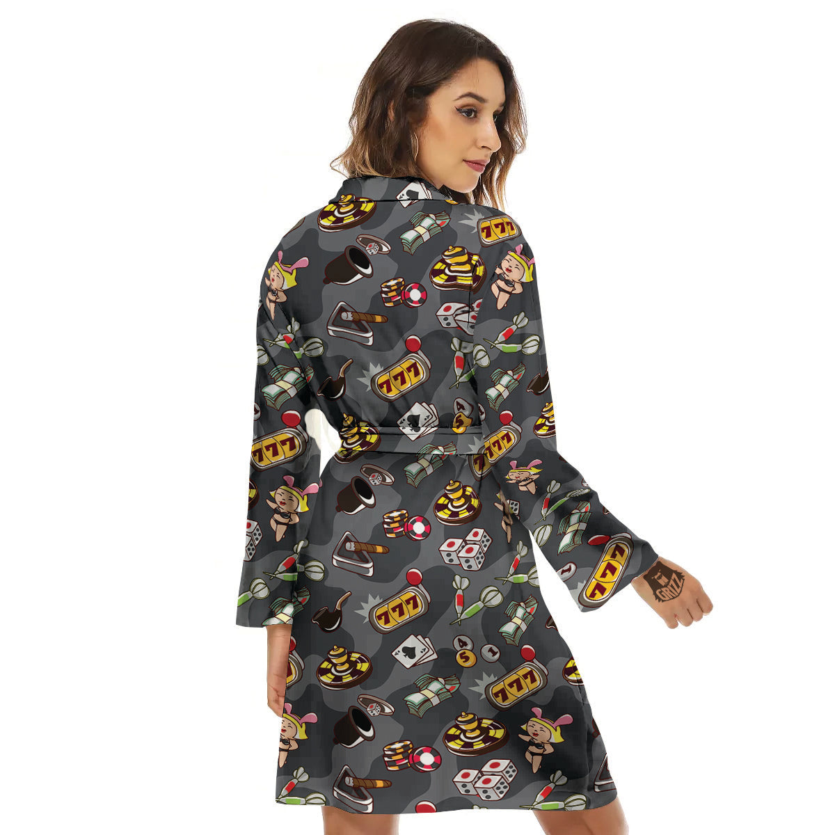 Grey Cute Casino Print Pattern Women's Robe-grizzshop